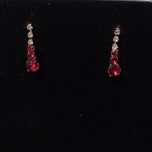 Vintage Silver-Toned Red and Clear Rhinestone Drop Earrings